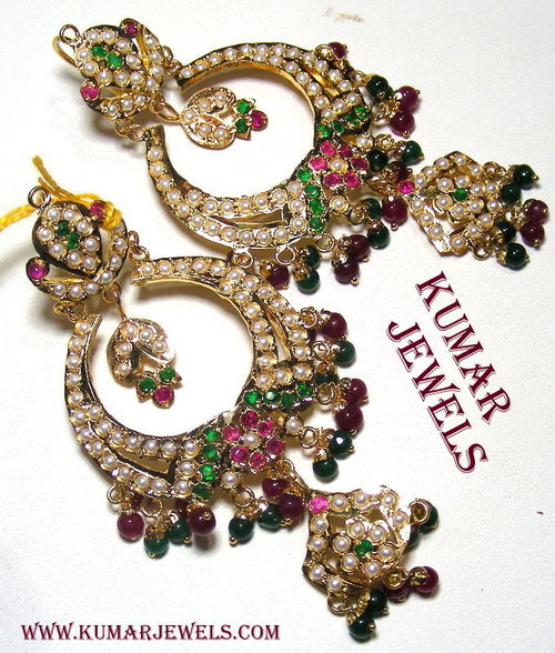 Artificial earrings in jadau with ruby,green, pearl, imitation,costume, traditional  jewelry,