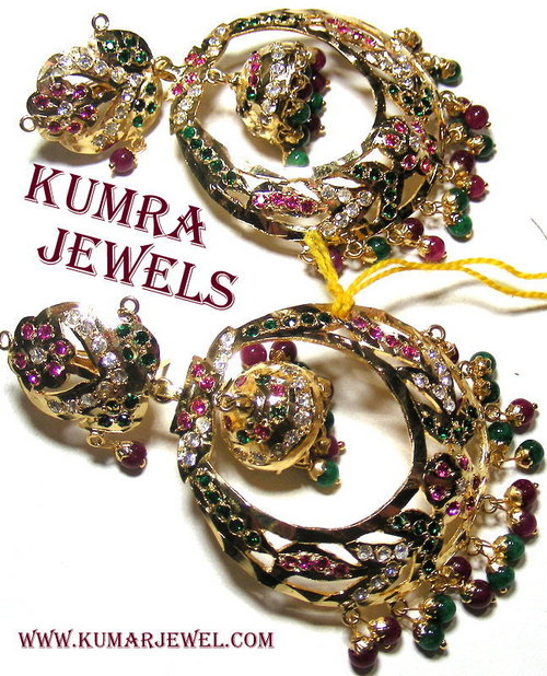 beaded earrings in jadau with rubygreen CZ stonesArtificialimitationcostumefancy jewelry