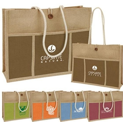 Laminated jute beach Bag wqith Cord Handle with Button Closure & with Front pocket