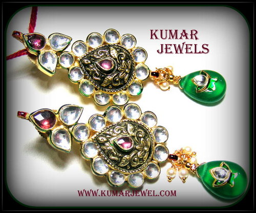 mughal Antique earrings with ruby green CZ stones,traditional,artificial,fashion jewelry