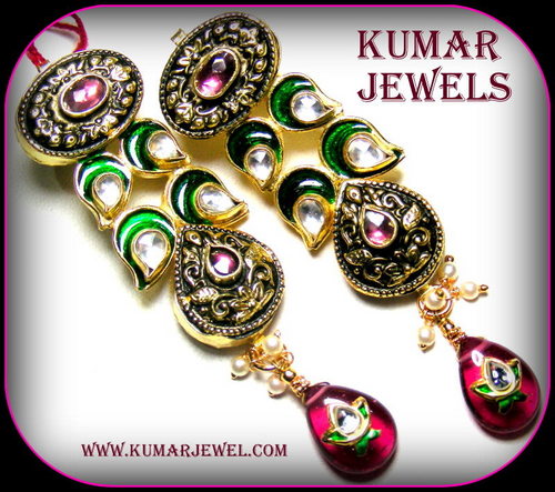 mughal antique kundan earrings,pearl,ruby with CZ stones,traditional,fashion traditional jewelry