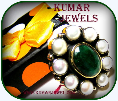 mughal antique big kundan ring green with pearl,traditional,artificial,imitation,fancy jewelry