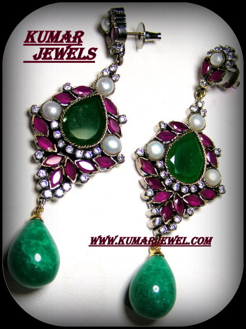 mughal antique artificial earrings in traditional look,pearl,ruby,green CZ stones,dangling jewelry