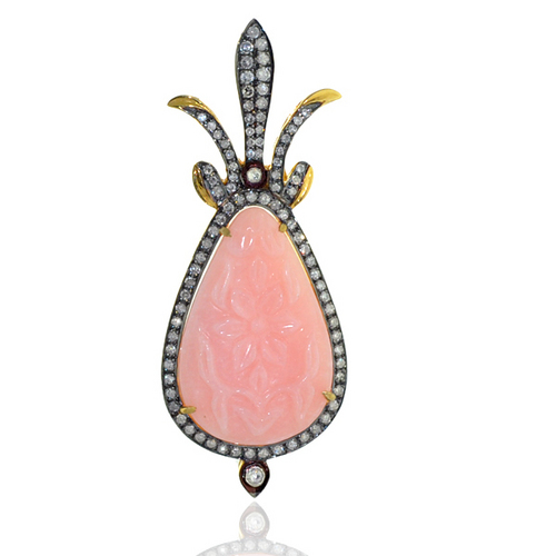 Pink Opal Gemstone Carving Diamond Pendant