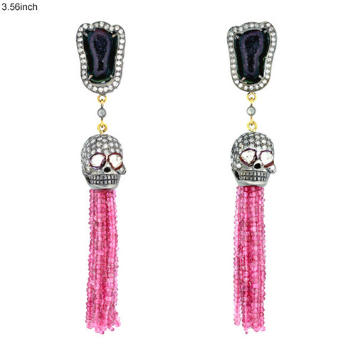 Gemstone Tassel Skull Earrings