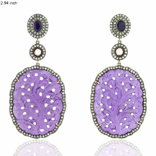 18k Gold Amethyst Gemstone Carving Diamond Earring