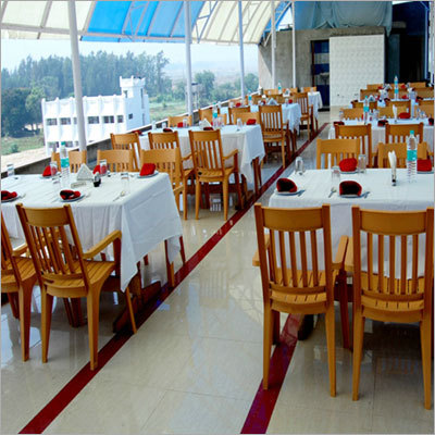 Hotel & Restaurant - Wood Chairs, 75x75 cm Tables, Tile Floor | Elegant Dining, Comfortable Seating, Ambient Lighting, Spacious Layout