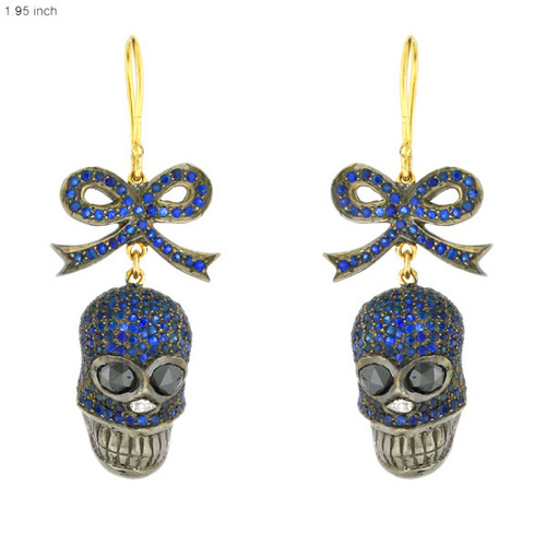 Blue Sapphire Skull Pave Diamond Gold Earrings