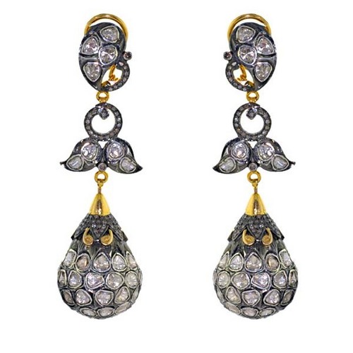 Yellow Gold Rosecut Diamond Drop Wedding Earrings