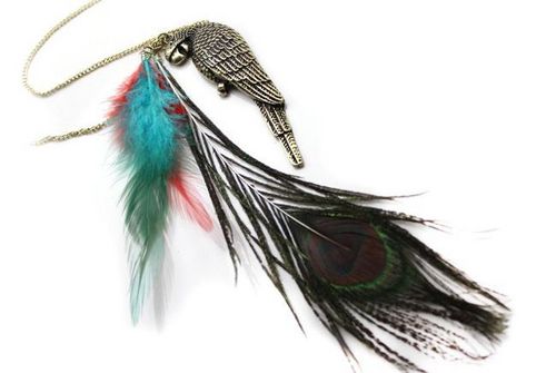 Peacock Necklace - Feathers and Metal 19 cm Pendant 78 cm Black Chain Lobster Clasp Elegant Design