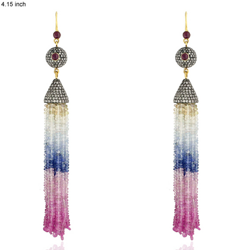 18k Gold Sapphire Beads Antique Tassel Earring 