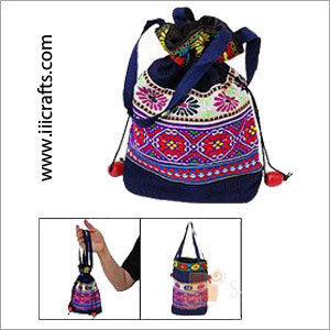 Ladies Purses - Fabric Metal, 10x12x5 inches, Navy Blue | Drawstring Closure, Beaded Embellishments, Adjustable Strap, Handcrafted Embroidered Design