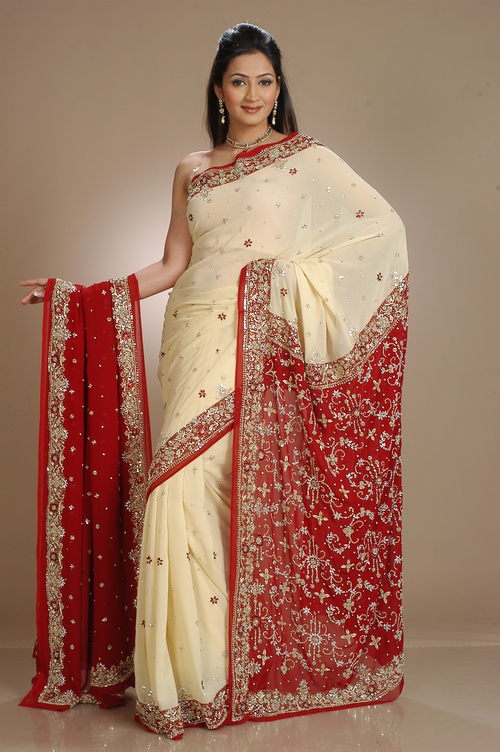 Cream Jal Georgette Saree