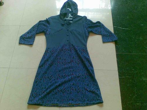 Women Dresses - Cotton Blend Medium Blue, Hooded Dress, Stylish Design, Comfortable Fit, Three-quarter Sleeves