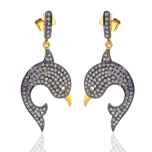 Fish Pave Diamond Gold Earrings