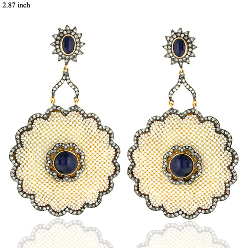 Sapphire Gemstone Pearl Beads Diamond Earrings