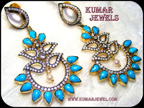 Artificial earrings in diamond style with blue,firoza,pearl in antique,designer long fancy jewelry 