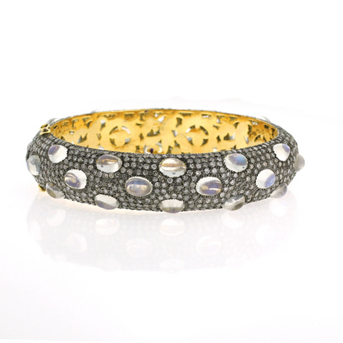 Moonstone Engagement Gold Bangle - 14k Gold, Sterling Silver, 9.89ct Diamonds, 25.96ct Moonstones, Pave Setting, Elegant Design
