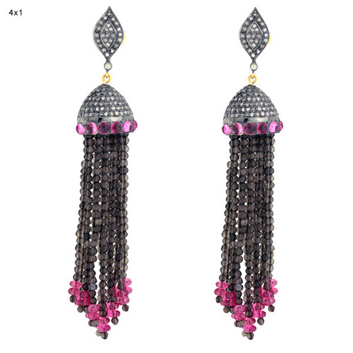 Smoky Beads Diamond Tassel Gold Earrings