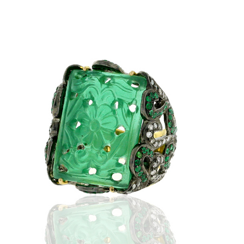 Emerald Carving Gemstone Diamond Ethnic Gold Ring