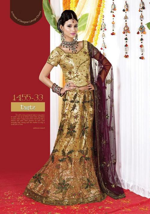 Collection of Chaniya Choli Manufacturer - Net Silk, Gold Color, Customizable Size, Hand & Machine Embroidery, Zari Stone Work, Elegant Traditional Wedding Wear