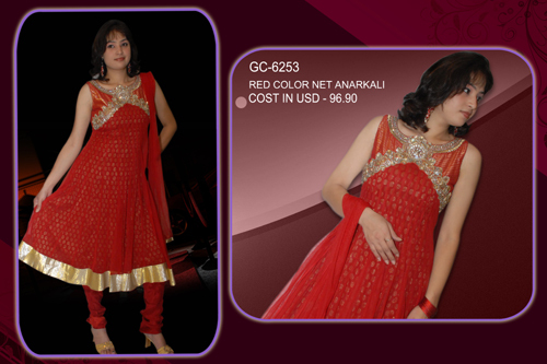 Traditional Salwar Kameez - Net & Santoon Fabric, Red Color, Golden Embroidery, Shimmer Lining, Anarkali Style