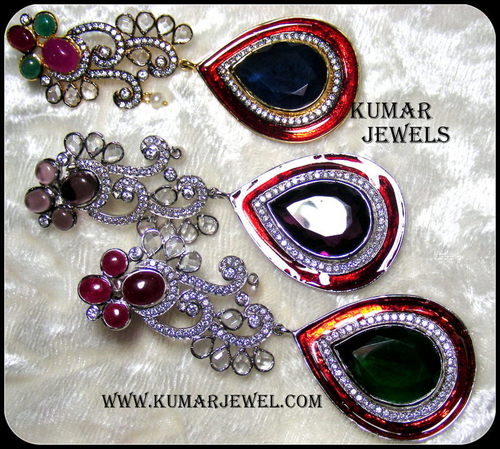 Mughal antique earrings in diamond style,minakari,long,fashion,costume,blue,pink,green,ruby jewelry 