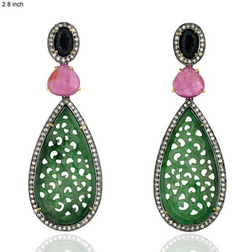 Geode Carving Gemstone Diamond Dangle Earrings