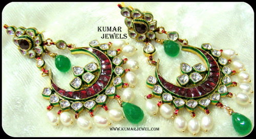 mughal kundan antique earrings pearl,green,ruby,traditional,fashion,costume trendy jewelry