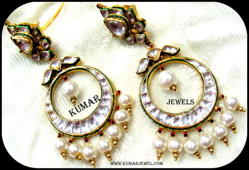 Mughal Antique Kundan Earrings in Pearl - Kundan, 4-5 cm, White | Elegant Design, Pearl Accents, Traditional Style, Party Wear, Giftable Item