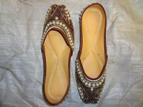 Ladies Punjabi Jutti - Leather, Variable Size, Brown | Slip-On, Elegant Design, Intricate Beads, Flat Heel, Lightweight