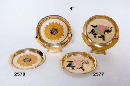 Bowl With Tray - Brass, Gold, Varying Dimensions | Floral Animal Design, Handcrafted, Polished Finish, Lightweight, Durable