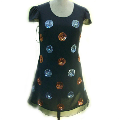Fashionable Dress - Sequin Fabric, Knee-Length, Black | Stylish Design, Soft Fabric, Round Neck, Short Sleeve, Comfortable Fit
