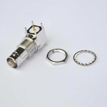 BNC Female Right Angle Connector for PCB - Brass Nickel, 24.9mm, 50 Ohm, 800-3000 MHz, 1500V Dielectric, PCB Mount, -40 to +155°C, 0.15 dB Return Loss