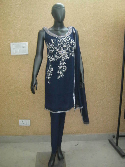 Printed Suit - Silk Navy Blue, Custom Sizes | Elegant Sleeveless Party Wear with Resham, Sequins, Beads & Matching Blouse