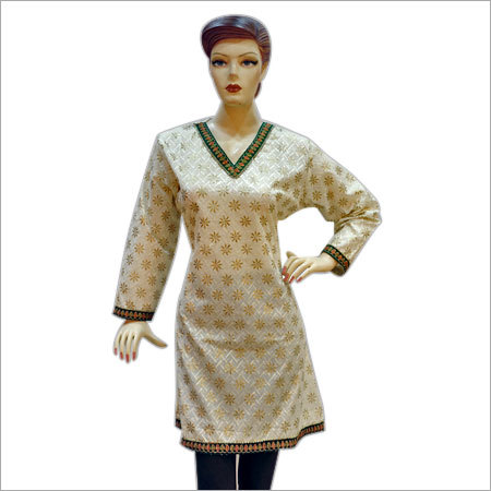 Ladies Stylish Kurti - Cotton Knee Length Cream Color | V-Neck Long Sleeves Floral Pattern Casual Wear Skin-Friendly Comfortable Easy Care Regular Fit Multiple Sizes