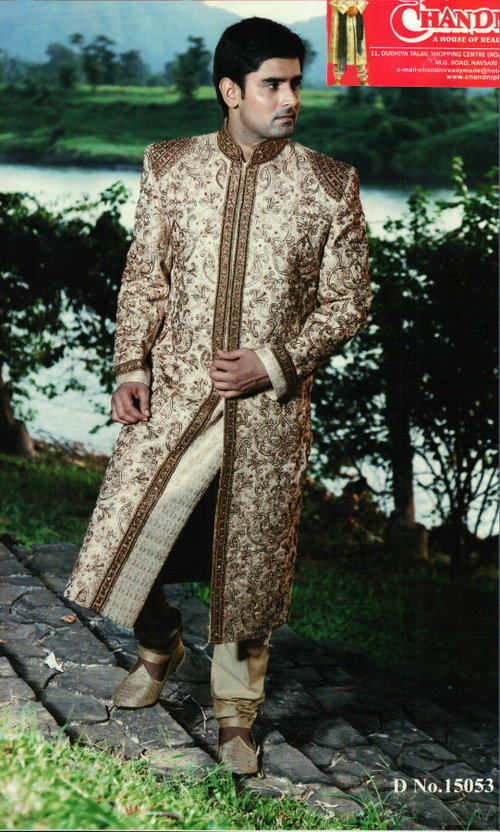 Indian Wedding Suits Manufacturer Exporters India - Silk Blend Beige Sherwani, Handcrafted Embroidery, Elegant Design, Slim Fit, Customizable