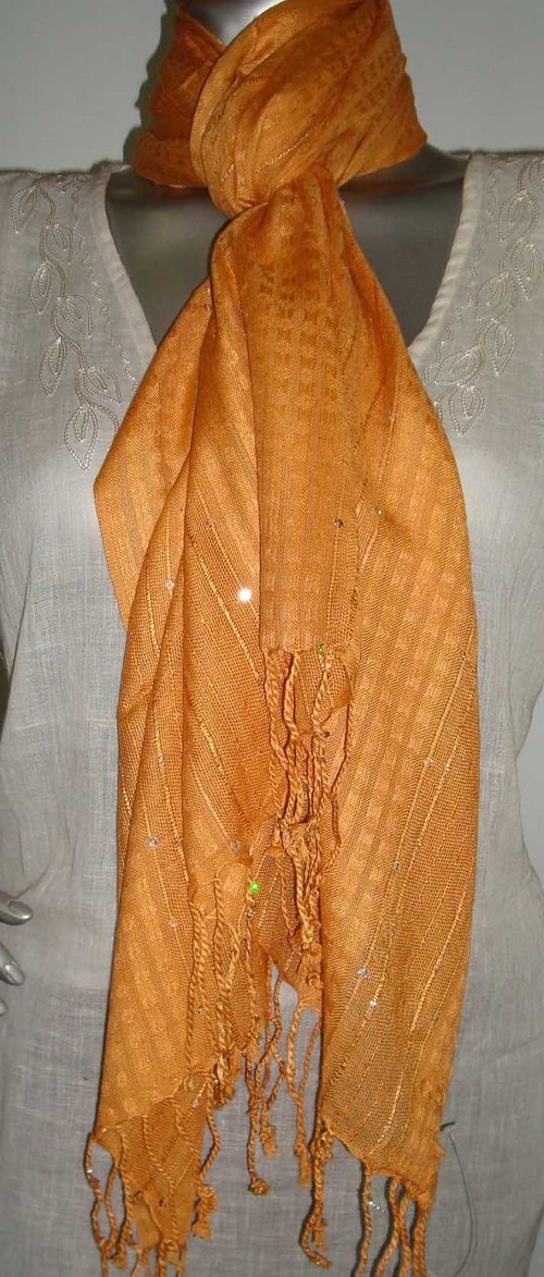 Scarves with Self Stripes and Sequins Work - Silk, 50x180 cm, Orange | Stylish Design, Soft, Durable, Customizable