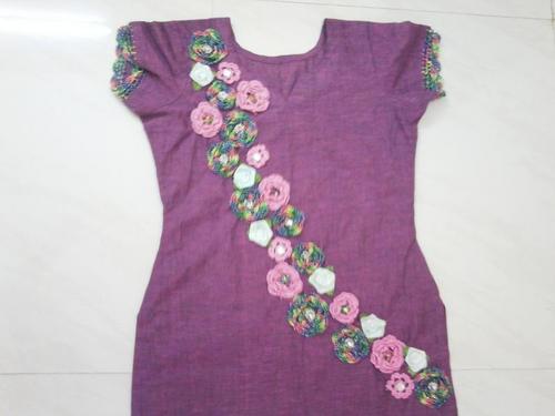 Kurtis - Cotton Blend, S-M-L, Purple | Handmade Floral Embroidery, Stylish Comfortable Durable