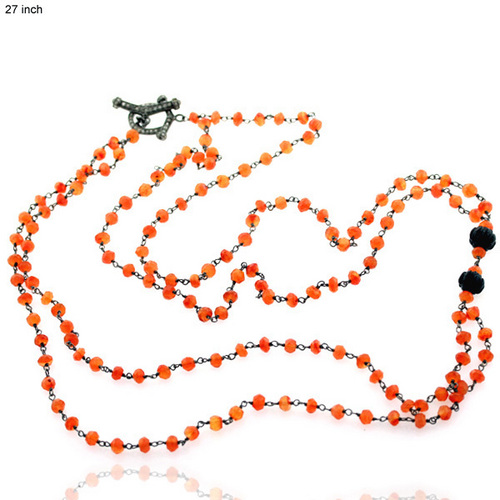 Silver Diamond Cornelion Bead Opera Necklace
