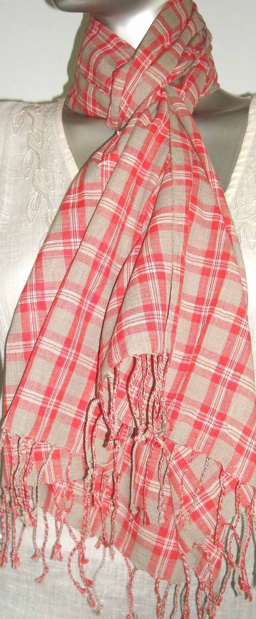Scarves with Checks Design - Viscose, 50x180 cm, Red Beige | Soft, Durable, Customizable, Stylish Fringe