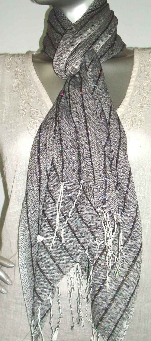 Scarves with Stripes and Sequins Work - Polyester, 50x180 cm, Gray | Stylish Stripes, Embroidered Sequins, Soft Durable Fabric