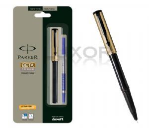 Parker Beta Roller Ball Gold - Plastic & Metal, 14cm, Blue Ink | Twist Cap, Smooth Writing, Gold Accents