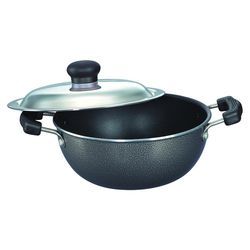 Omega Select Plus Flat Base Kadai 250 mm Gray with Stainless Steel Lid | Residue-Free Non-Stick, Metal Spoon Friendly, Sturdy Bakelite Handles