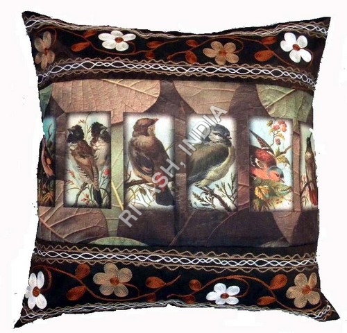 BIRDS Image Printed Embroiderried Cushion - Cotton, 45x45 Cm, Dark Brown | Sequin, Floral Embroidery, Decorative, Soft