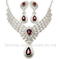 Pear Cut Ruby Gemstone Diamond Bridal Necklace Set