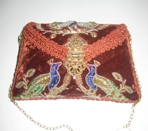Wedding Tote Bags - Velvet 10x8x2 Inches Burgundy, Embroidered Peacocks, Chain Strap, Clasp Closure