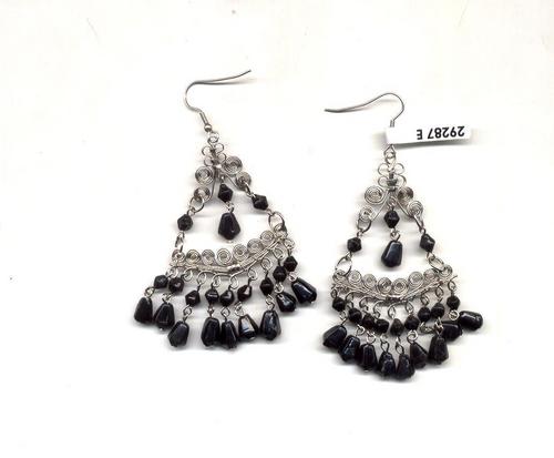 Beaded Earrings - Glass Beads, 50-60mm Length | Black Color, Elegant Design, Lightweight, Hook Fastener, Silver Accents, Stylish Accessory