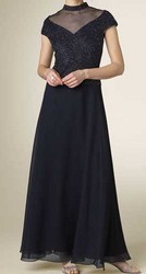 Evening-Dress - Chiffon Maxi, High Neck, Beaded Embellishment, Short Sleeves, Various Sizes, Multiple Colors