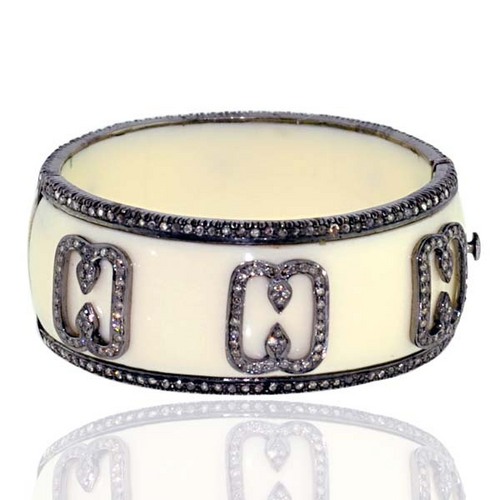 Bakelite Fashion Diamond Bangle - Bakelite, Silver, Off-White, 3.08 Ct Diamond | Elegant Design, Diamond Accents